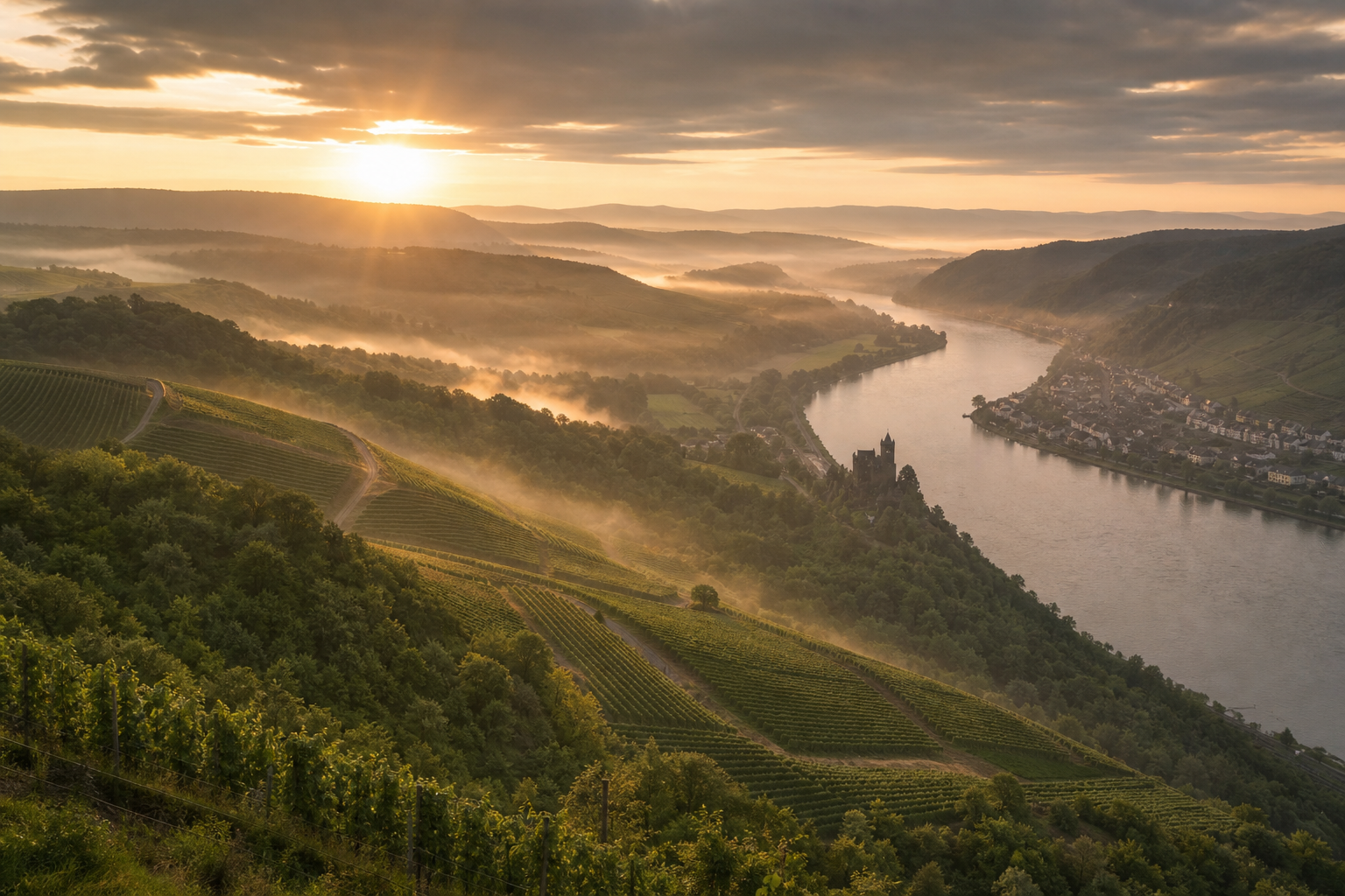 Weite Aussicht über das grüne Rheintal mit Fluss und Weinbergen