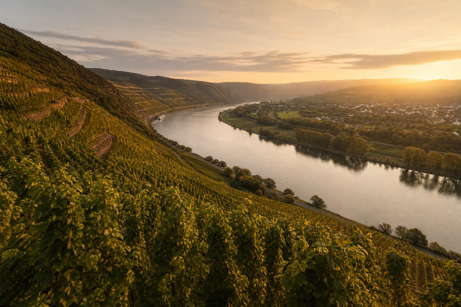 Steile Weinberge entlang der Mosel im goldenen Abendlicht
