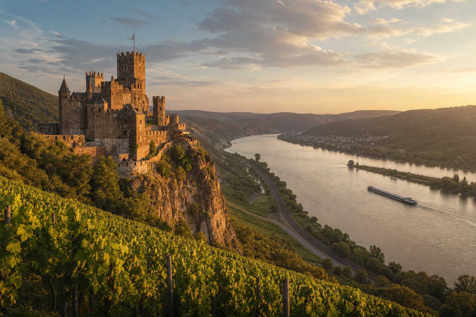 Mittelalterliche Burg auf einem Felsen über dem Rheintal umgeben von Weinbergen