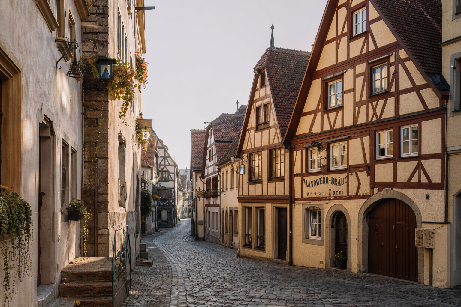Fachwerkhäuser und enge Gassen in der historischen Altstadt von Rothenburg ob der Tauber