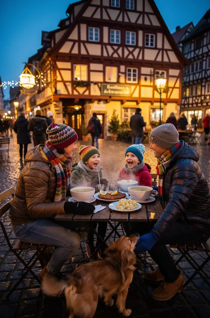Marktstand mit frischen, lokalen Lebensmitteln auf einem kleinen Dorfplatz in Deutschland