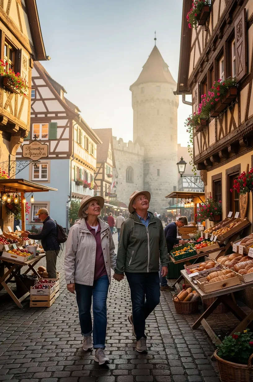 Gemütliches Straßencafé mit regionalen Spezialitäten in einem fußläufigen Stadtzentrum